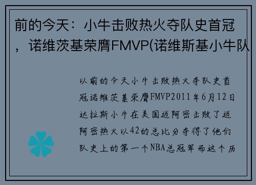前的今天:小牛击败热火夺队史首冠,诺维茨基荣膺FMVP(诺维斯基小牛队友)