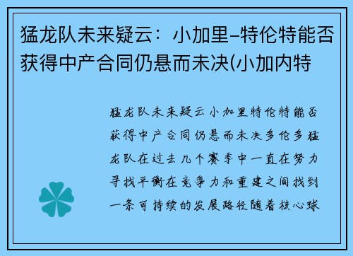 猛龙队未来疑云:小加里-特伦特能否获得中产合同仍悬而未决(小加内特 迈尔斯)