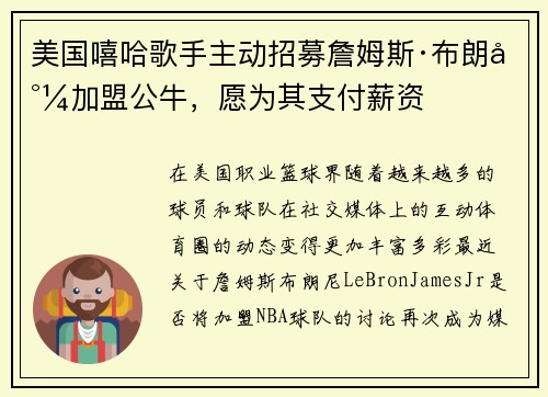 美国嘻哈歌手主动招募詹姆斯·布朗尼加盟公牛，愿为其支付薪资
