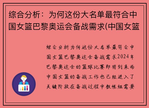 综合分析：为何这份大名单最符合中国女篮巴黎奥运会备战需求(中国女篮奥运会8强对手)