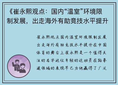《崔永熙观点:国内“温室”环境限制发展,出走海外有助竞技水平提升》