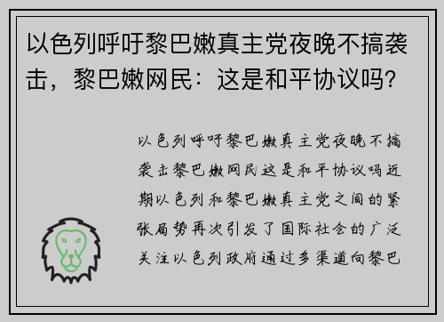 以色列呼吁黎巴嫩真主党夜晚不搞袭击,黎巴嫩网民:这是和平协议吗?