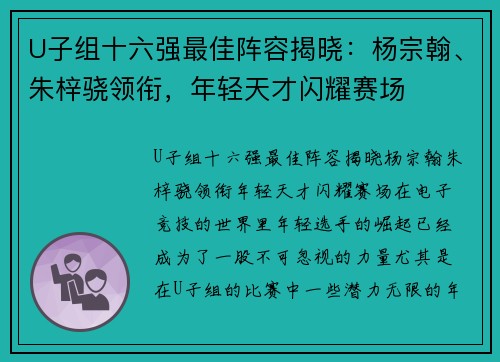 U子组十六强最佳阵容揭晓：杨宗翰、朱梓骁领衔，年轻天才闪耀赛场