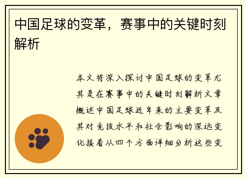 中国足球的变革，赛事中的关键时刻解析