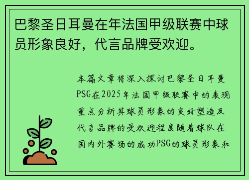 巴黎圣日耳曼在年法国甲级联赛中球员形象良好，代言品牌受欢迎。